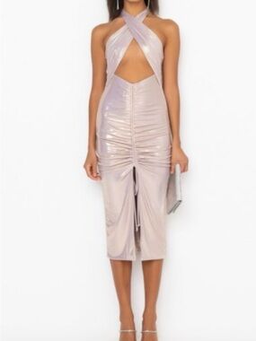 AKIRA Shimmery Crisscross Cutout Midi Dress in Light Nude